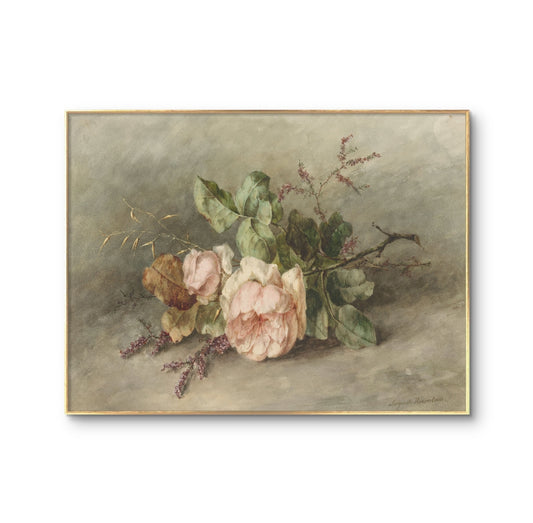 Still life flower painting , vintage pink botanical print , Printable wall decor